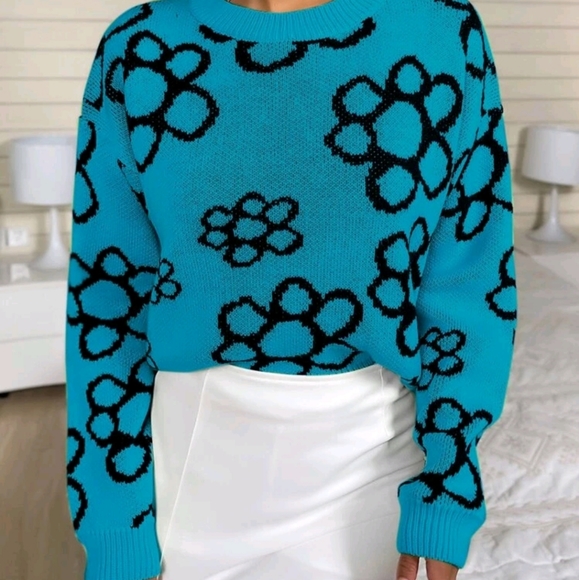 Floral Pattern Drop Shoulder Sweater Blouse - Picture 3 of 7